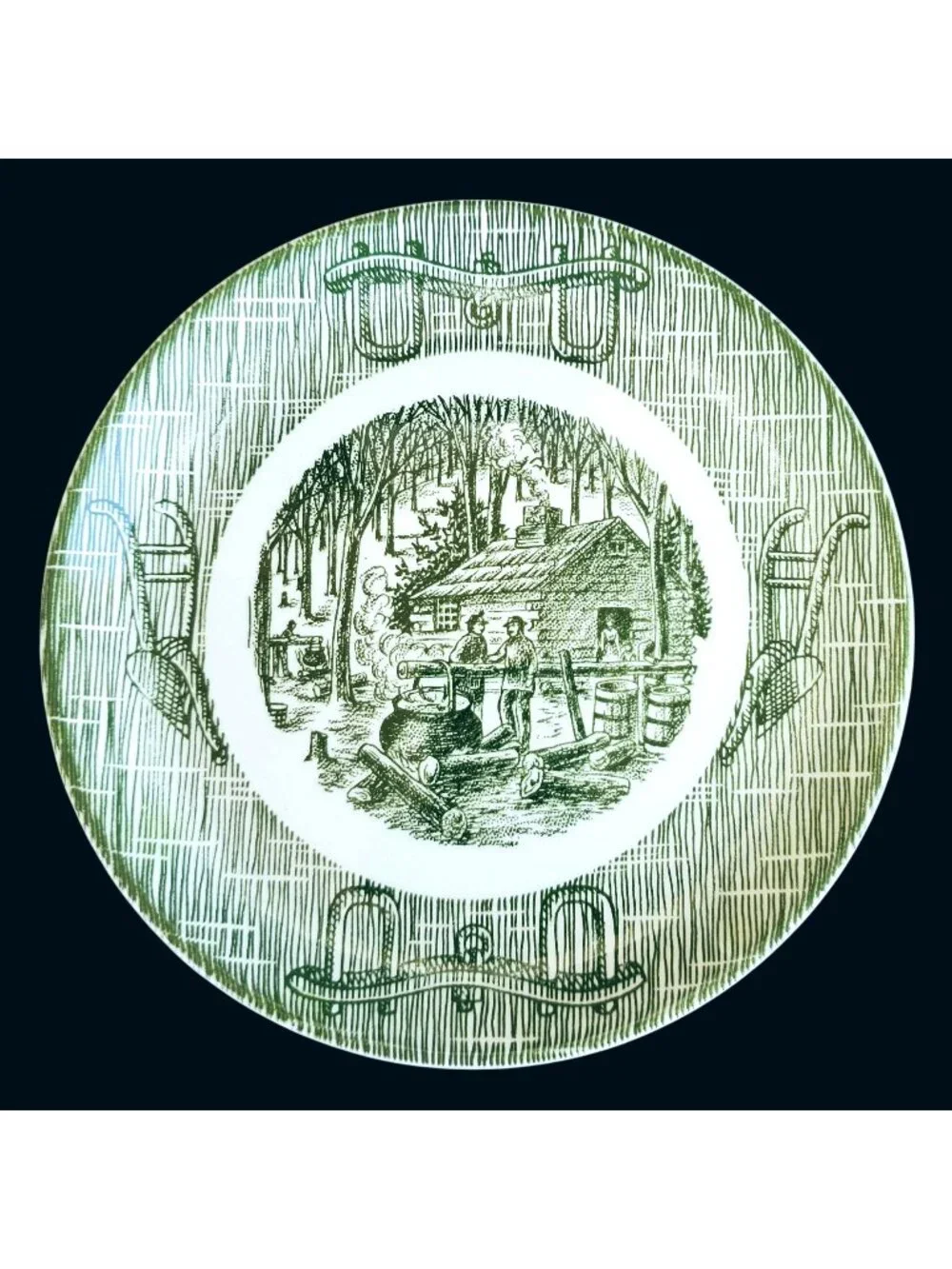 Vintage Green Transferware Currier Ives Log Cabin Pioneer Plate 8
